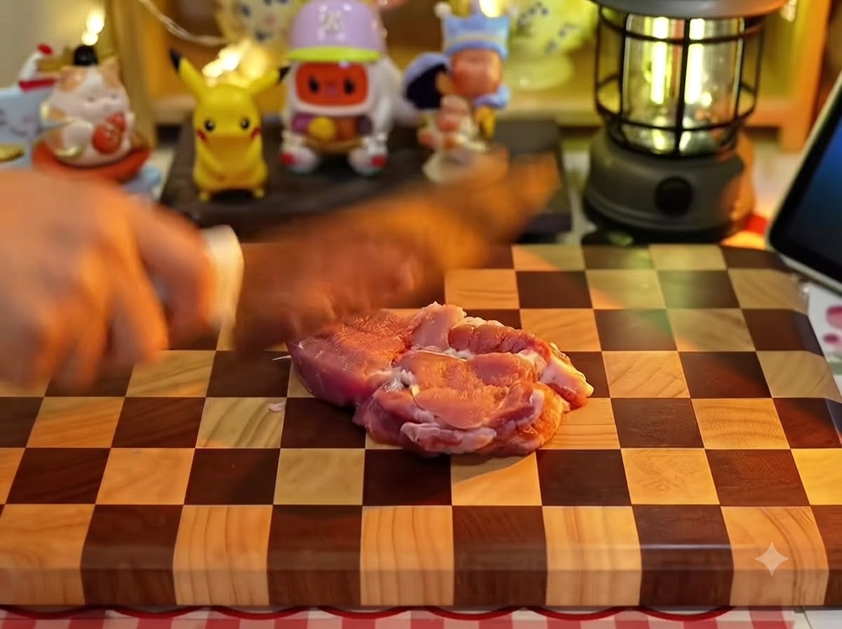 包丁で豚肉に切れ目を入れている様子