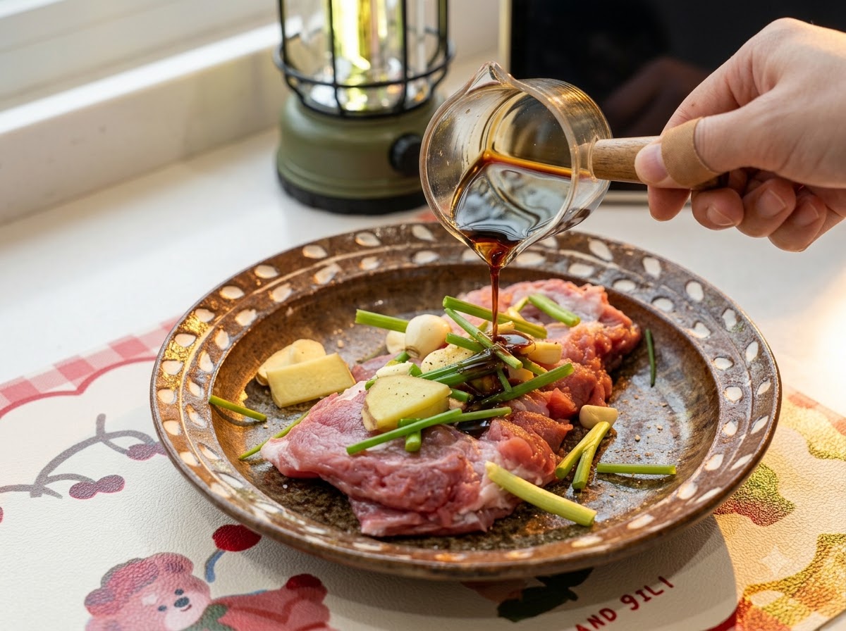豚肉に醤油などの調味料をかけている様子