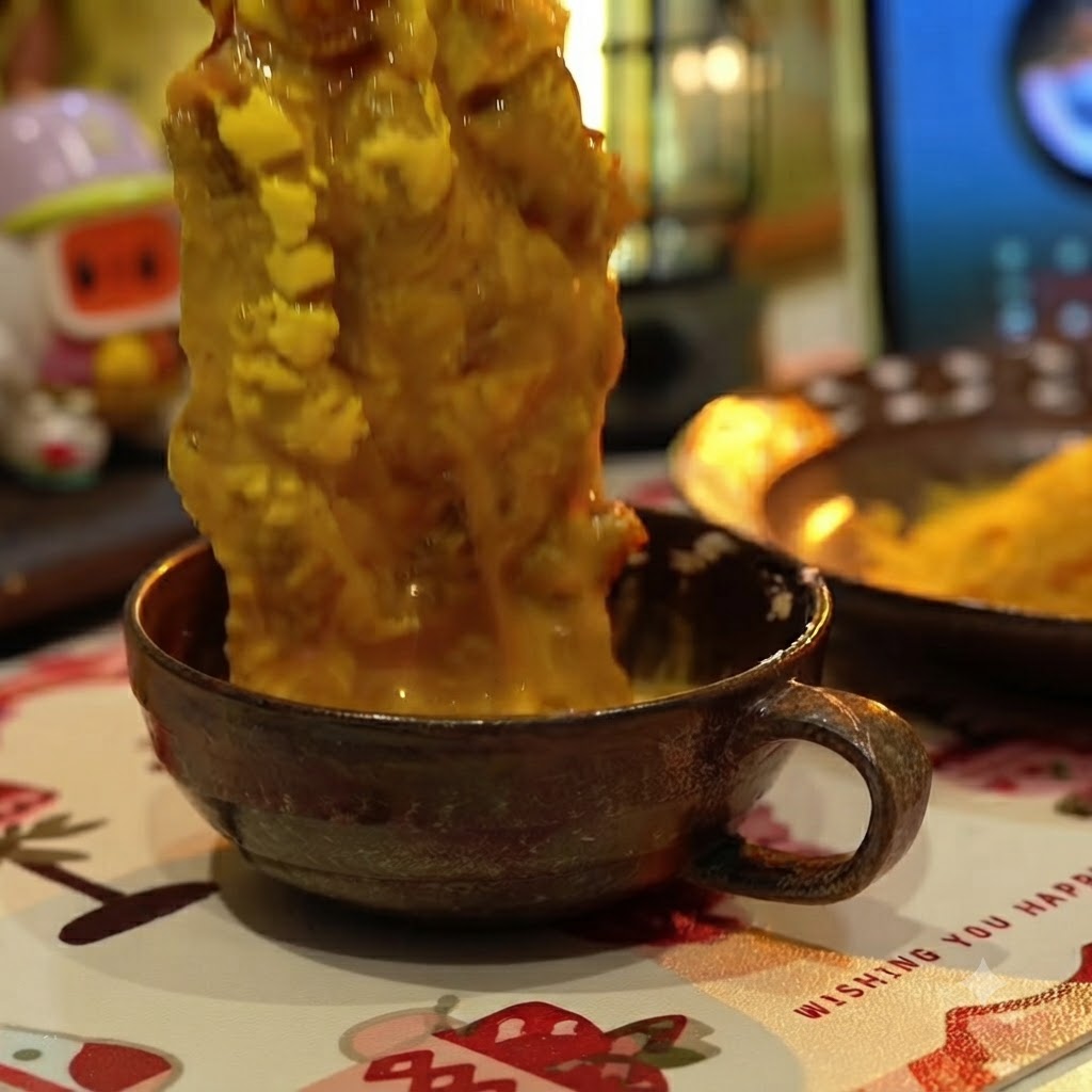 片栗粉をまぶした豚肉を卵液に浸している様子