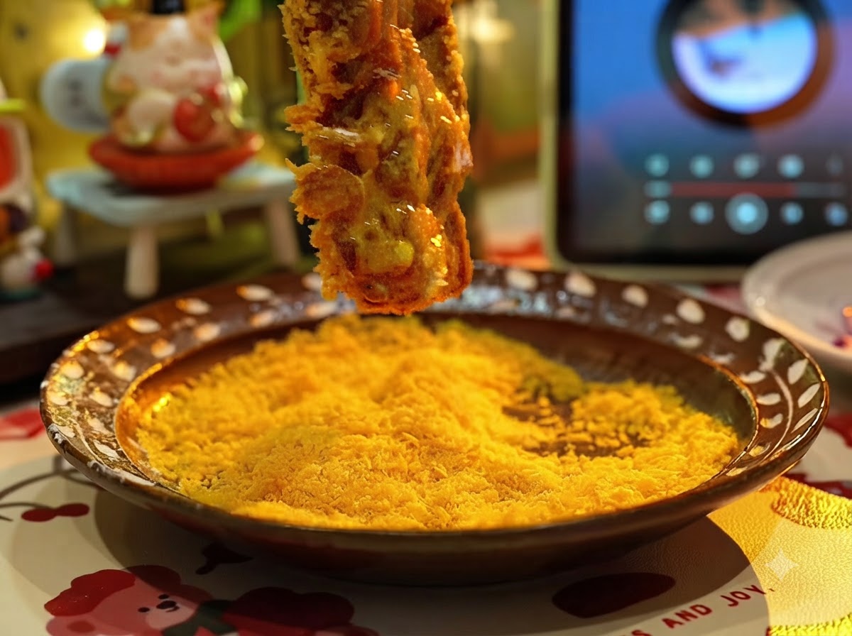 豚肉にパン粉をしっかりと押し付けている様子