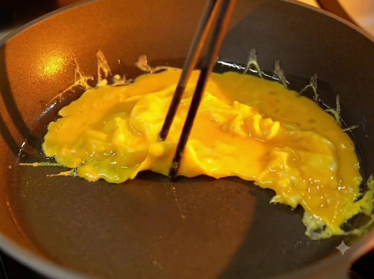 フライパンでとろとろの半熟卵を作っている様子
