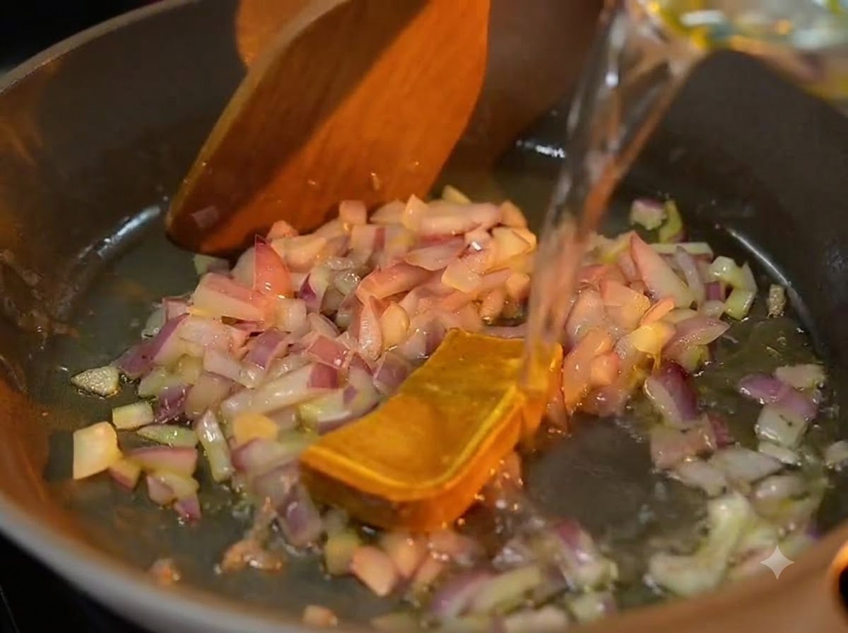 フライパンに水、炒めた赤玉ねぎ、カレールーを入れている様子