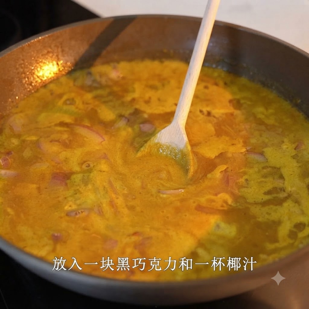 カレーソースにダークチョコレートを加えて木べらで混ぜている様子