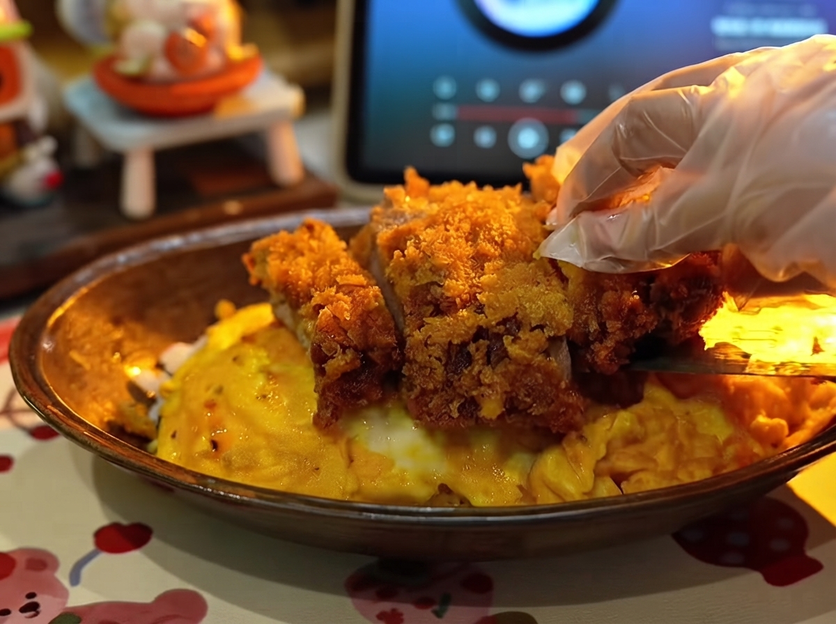 ご飯にのせたオムレツの上に豚カツを盛り付けている様子