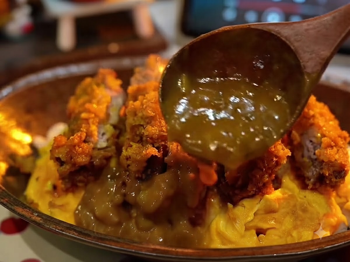 豚カツとオムレツの上から濃厚なカレーソースをかけている様子