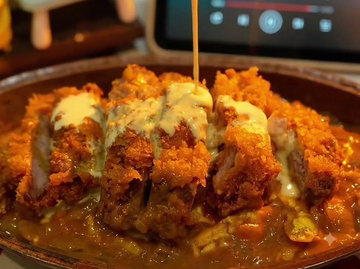 盛り付けたカツカレーの上に白い特製チーズソースをかけている様子
