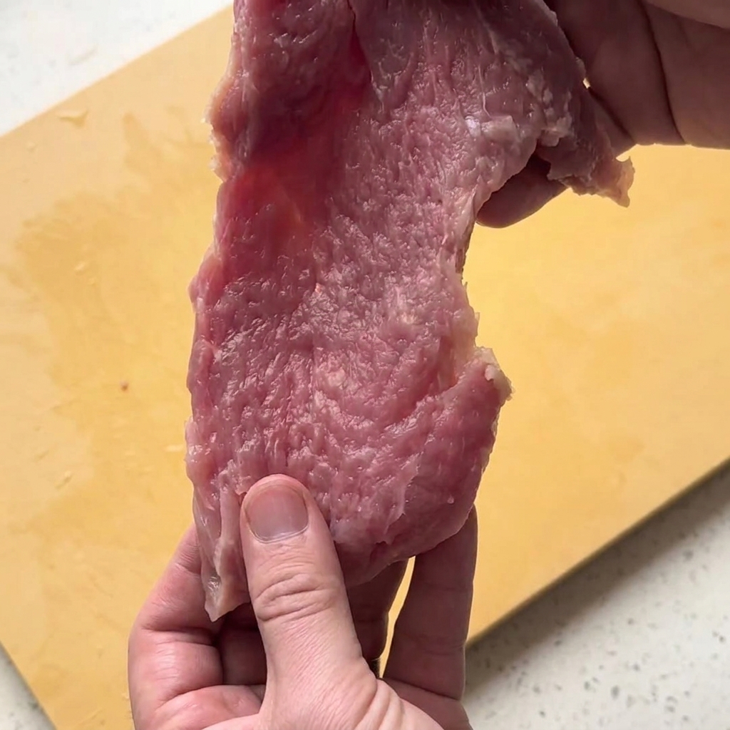 黄色いまな板の上で、下処理された生の豚肉のスライスを手で持ち上げている様子。