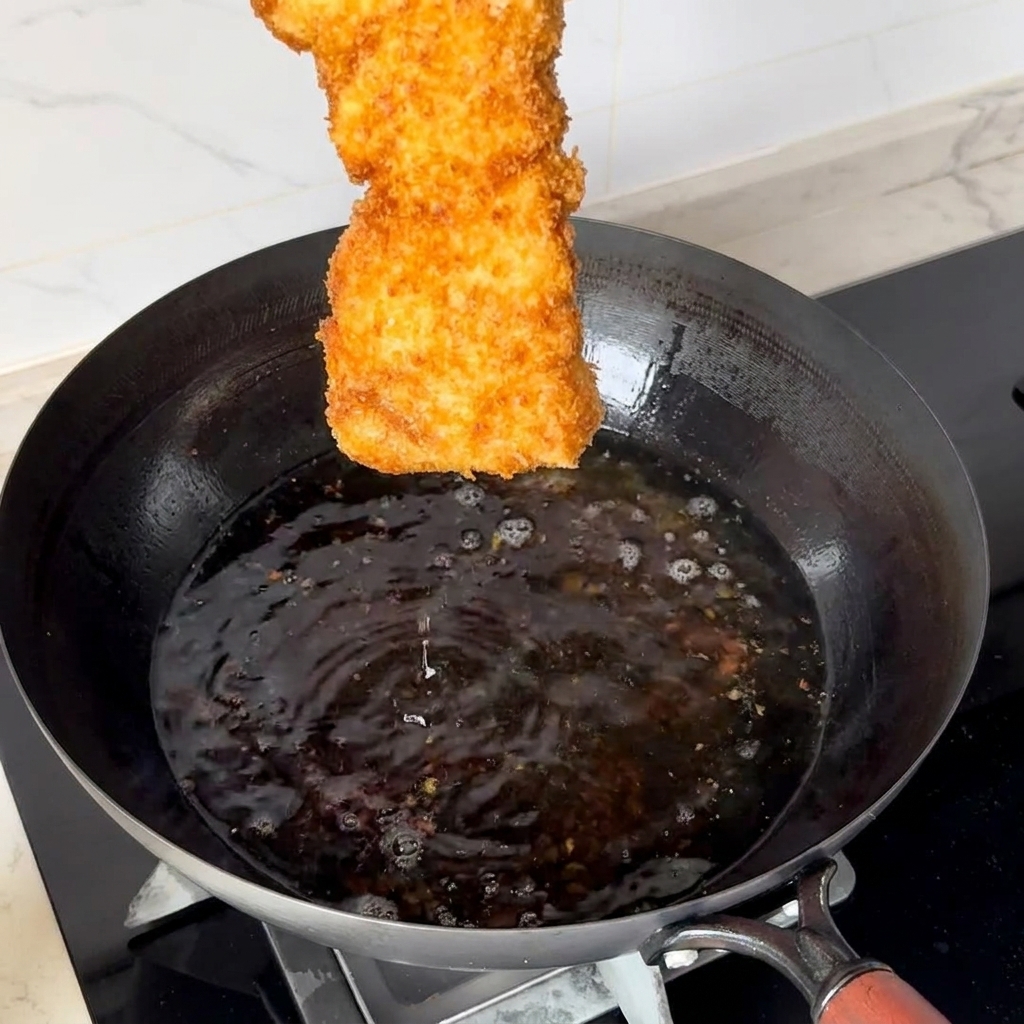 熱い油が入った中華鍋の上で、衣をつけて揚げた豚カツが持ち上げられている様子。
