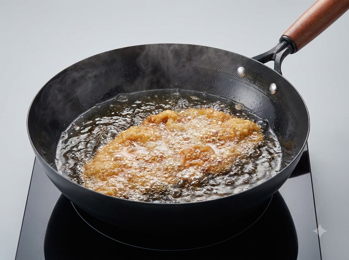 黒い中華鍋の中で、衣をつけた豚カツが熱い泡の中で揚げられている様子。