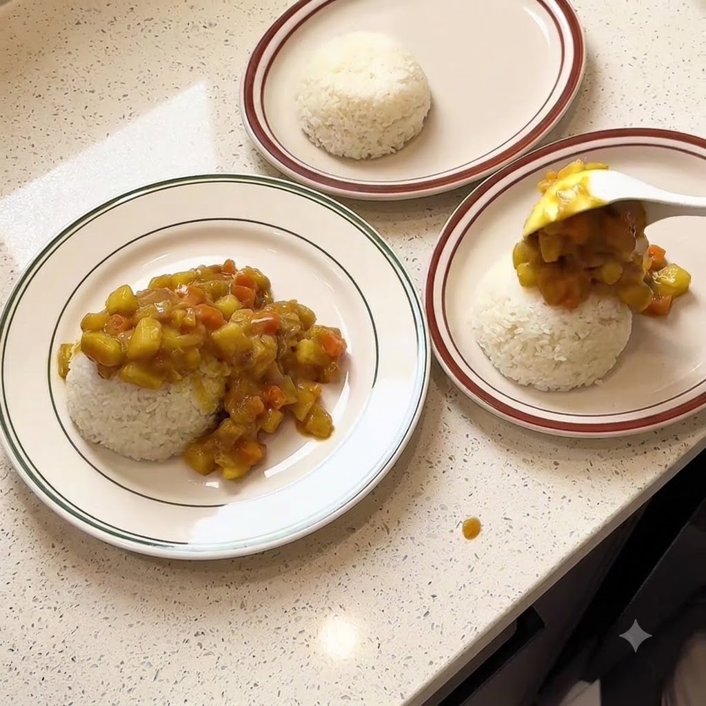 お皿に盛り付けられた白米に、白いスプーンを使って濃厚な野菜カレーソースがかけられている様子。