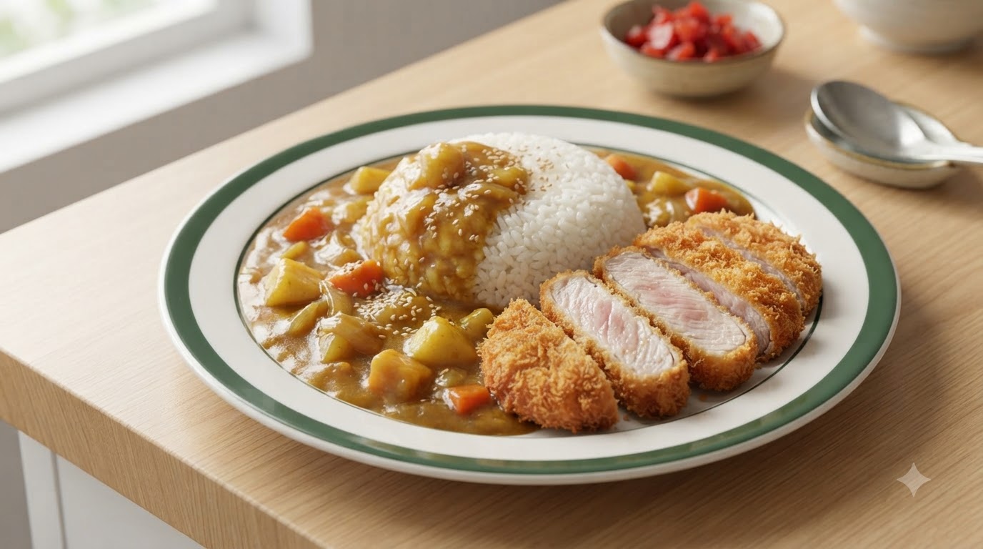 白いご飯の上に濃厚な黄金色のカレーソースをかけ、サクサクの豚カツをスライスして白ごまを振った日本風ポークカツカレーの一皿。