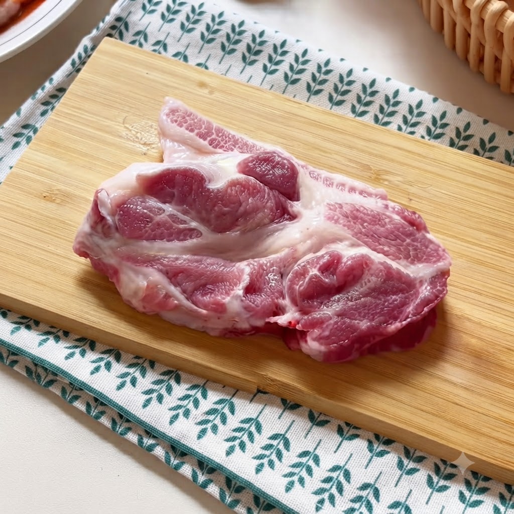 木製のまな板の上に置かれた生の豚肉を肉叩きで叩いている様子。