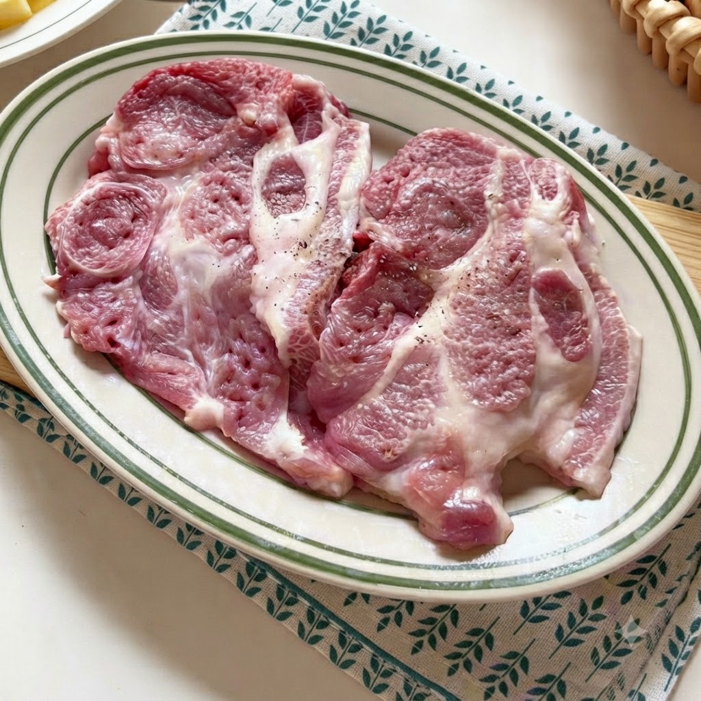 黒こしょうと塩で下味をつけた2枚の豚肉が、緑の縁取りの白い楕円形の皿に置かれている。
