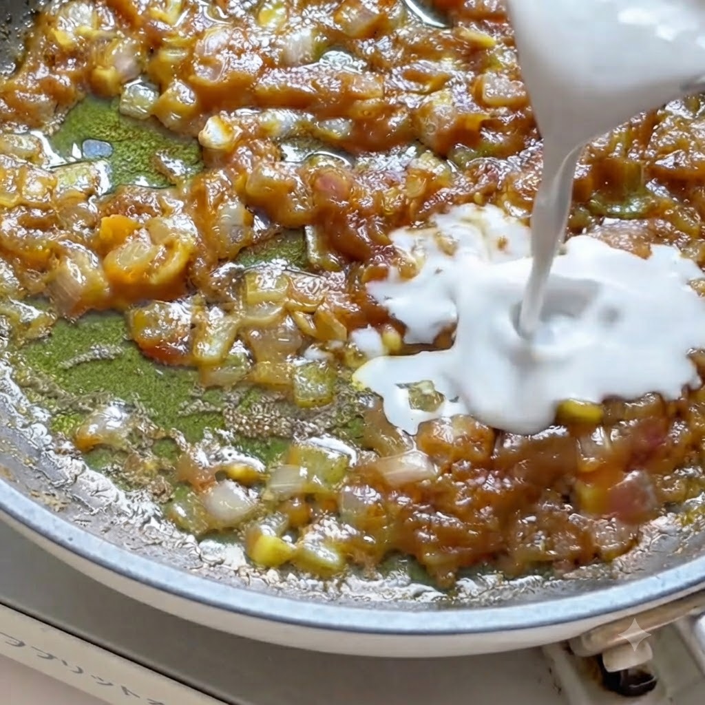 ピッチャーからココナッツミルクが、溶けかけたカレールーと香味野菜が入ったフライパンに注がれている。