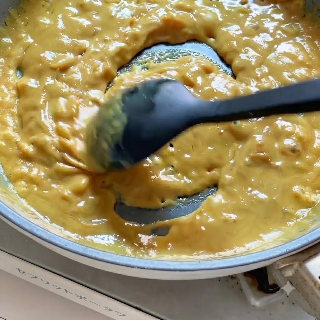 黒いヘラが、フライパンで煮立っているとろみのあるクリーミーなイエローカレーソースをかき混ぜている。