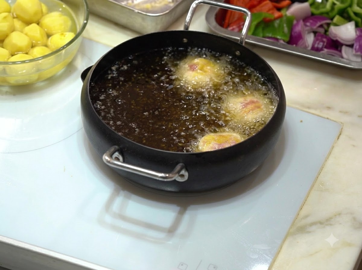 熱した油が入った黒い鍋の中で、片栗粉をまとった肉団子を揚げている様子。