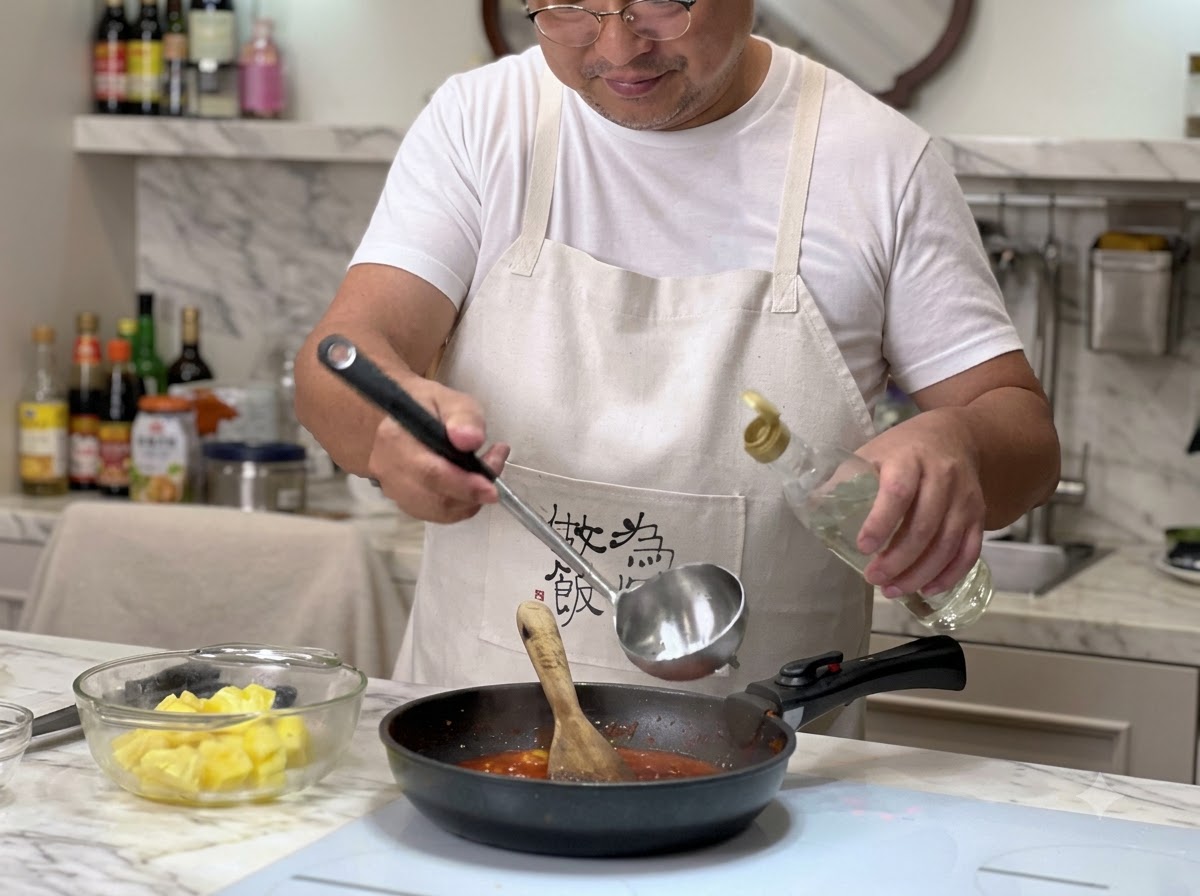 お玉を手にした人が、煮立っている赤いソースの入った鍋にボトルから米酢を注いでいる様子。