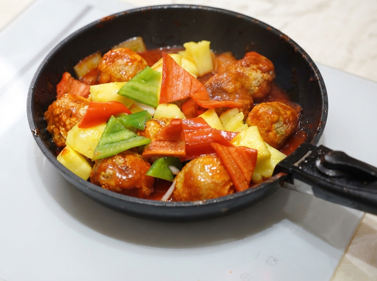 グツグツと煮立つ赤い甘酢あんに、揚げた肉団子、パイナップル、パプリカを合わせて絡めている様子。