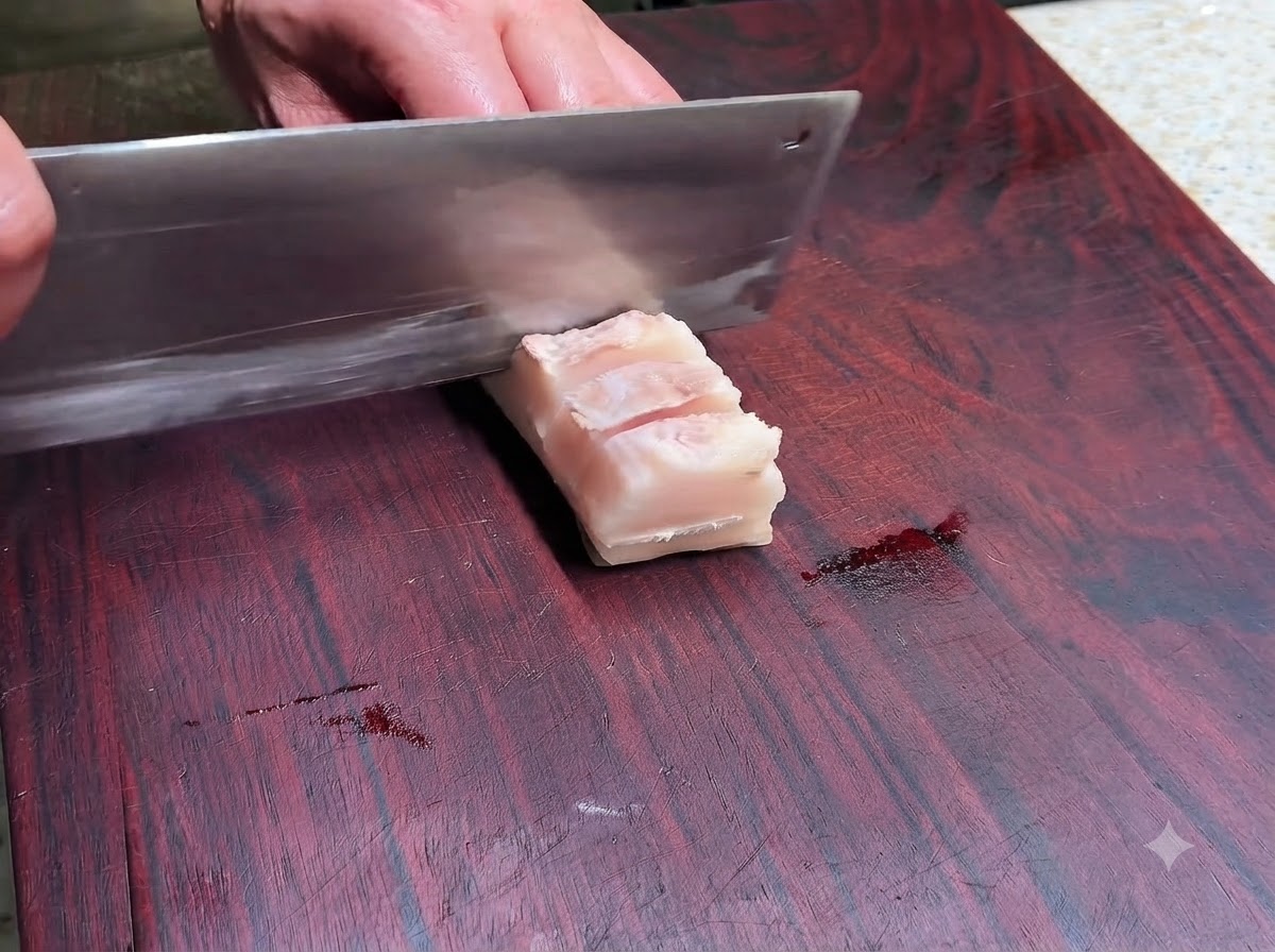 下茹でされた豚バラ肉の肉側に、鋭い包丁で浅い格子状の切れ目を入れている様子。