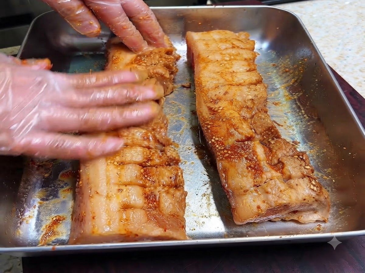 調理用手袋を着用した手が、2本の豚バラ肉の切れ目に濃いマリネ液とスパイスをもみ込んでいる様子。