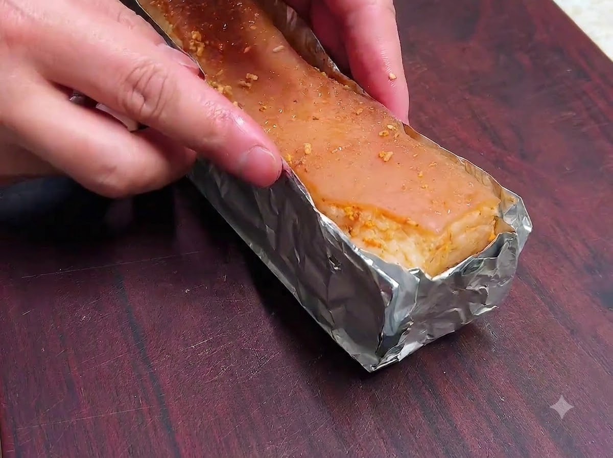 側面と底面がアルミホイルでしっかりと包まれた豚バラ肉のブロック。