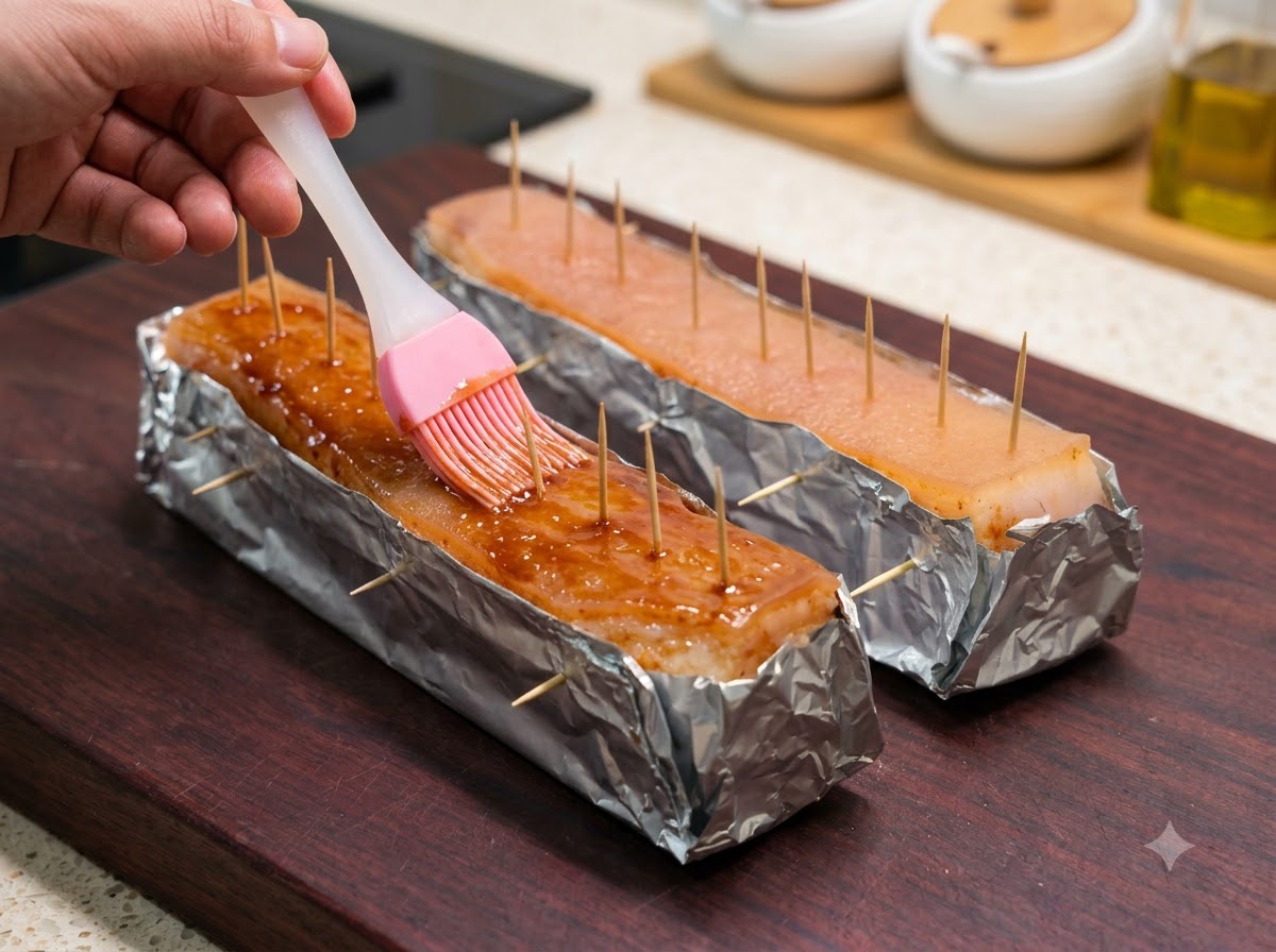 ホイルで包まれた豚バラ肉の露出した皮に、ピンク色のシリコン刷毛で白酢を塗っている手。