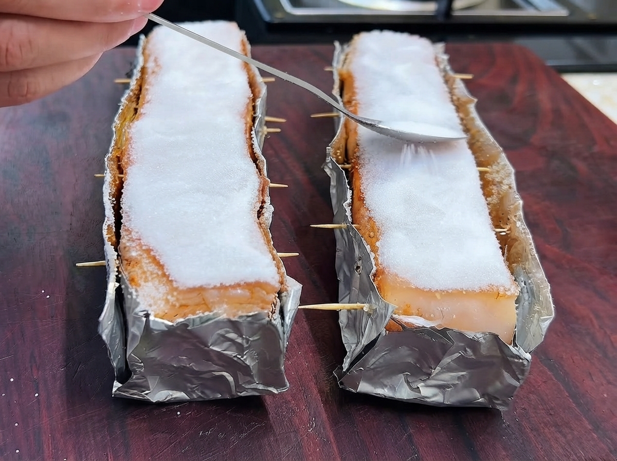 木製のボードの上で、豚の皮の上にたっぷりの粗塩をスプーンで丁寧にすくい、押し付けている様子。