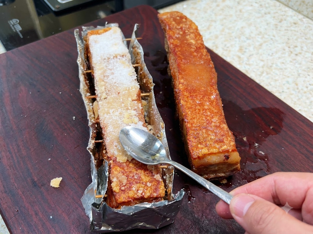 スプーンを使って、クリスピーな豚の皮から硬く焼き固まった塩の層を削り取り、叩いている様子。