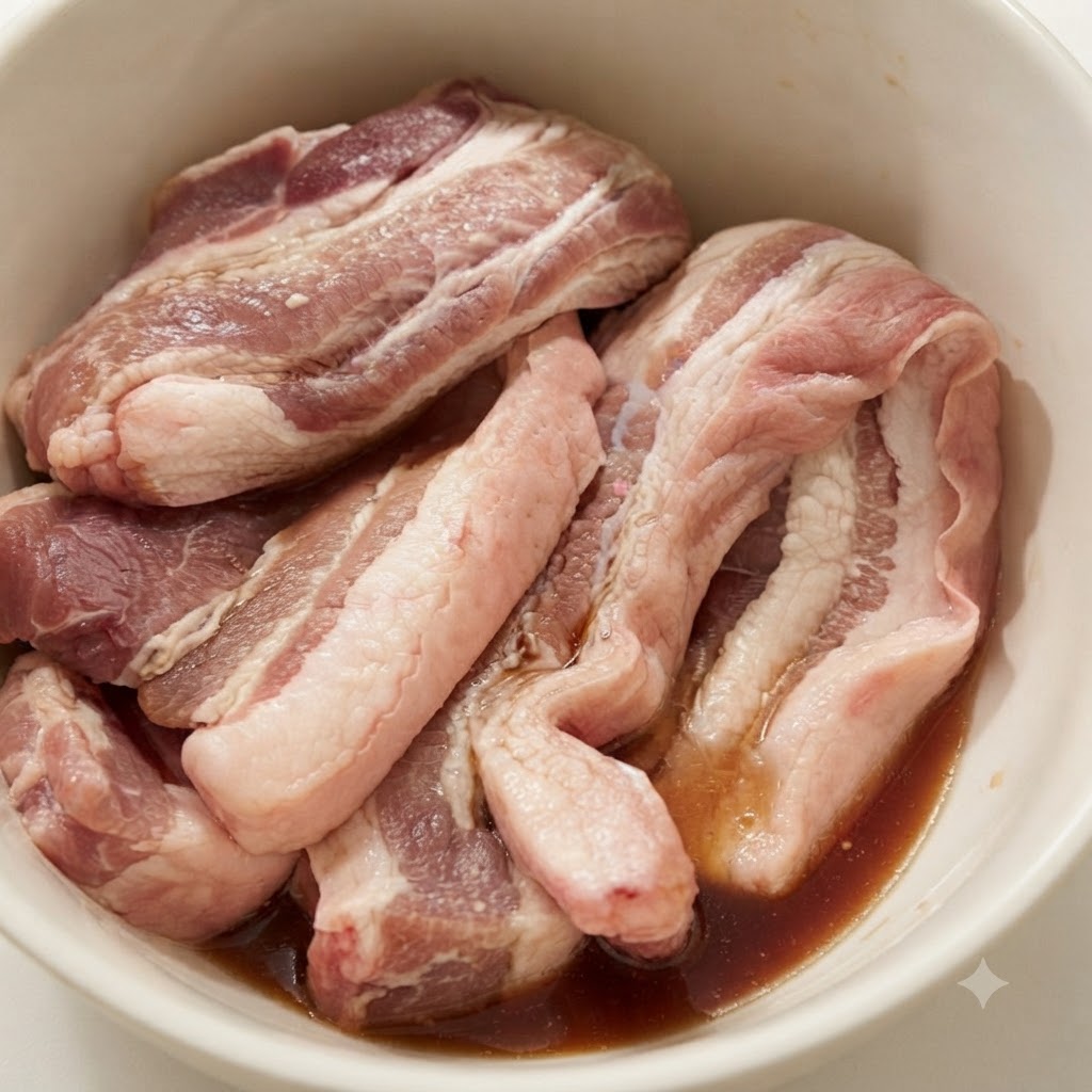 料理酒とマリネ液を入れたボウルに浸されている豚バラ肉の細切り。