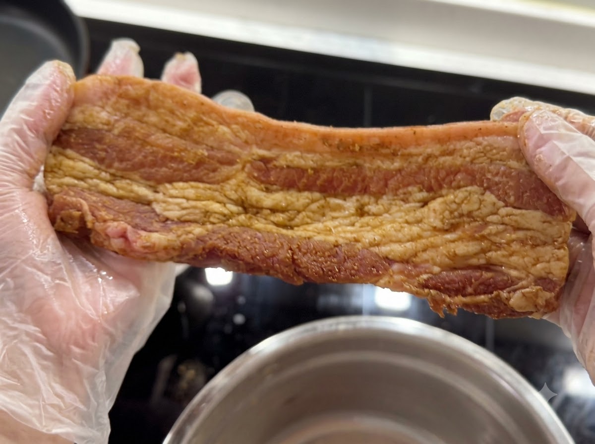 スパイスラブで覆われた味付け済みの豚バラ肉の細切りを持つ手袋をした手。