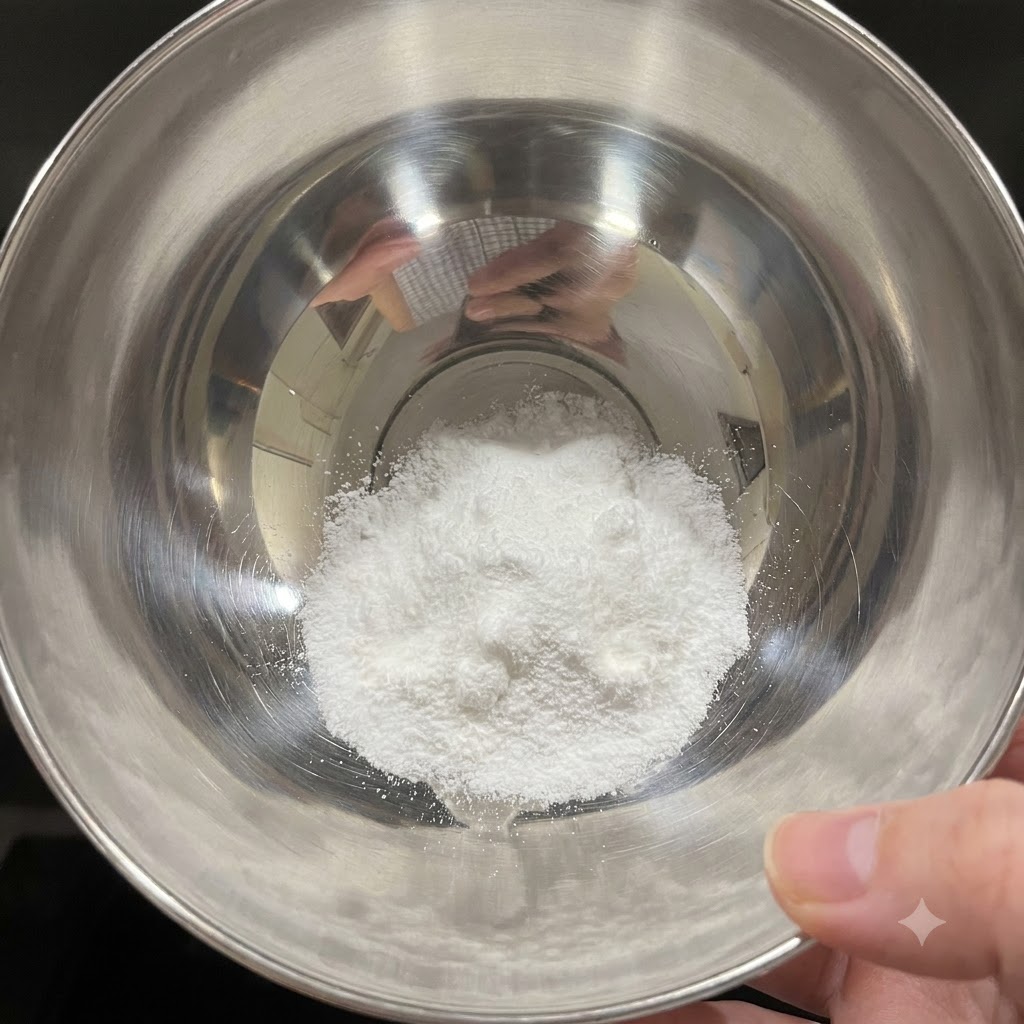 温水を加える前の白い塩と重曹の粉末が入った小さな金属製のボウル。