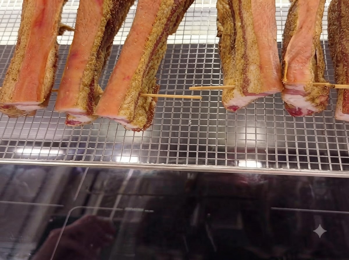 木製の爪楊枝で固定され、ワイヤー製の焼き網の上にきれいに置かれた味付け済みの豚バラ肉の細切り。