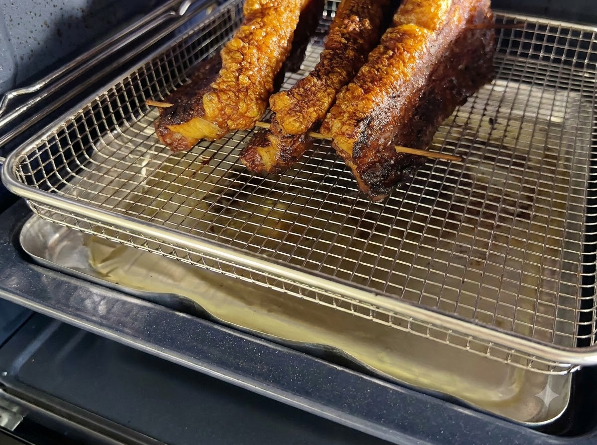 溶け出る脂を受け止めるドリップパンの上で、オーブンに入れられた豚バラ肉を載せたワイヤーラック。