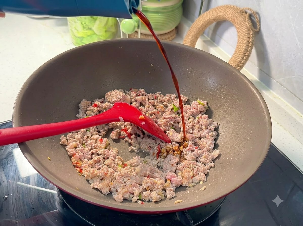 調味された豚ひき肉が入った中華鍋に、ボトルからダーク醤油が注がれている様子。