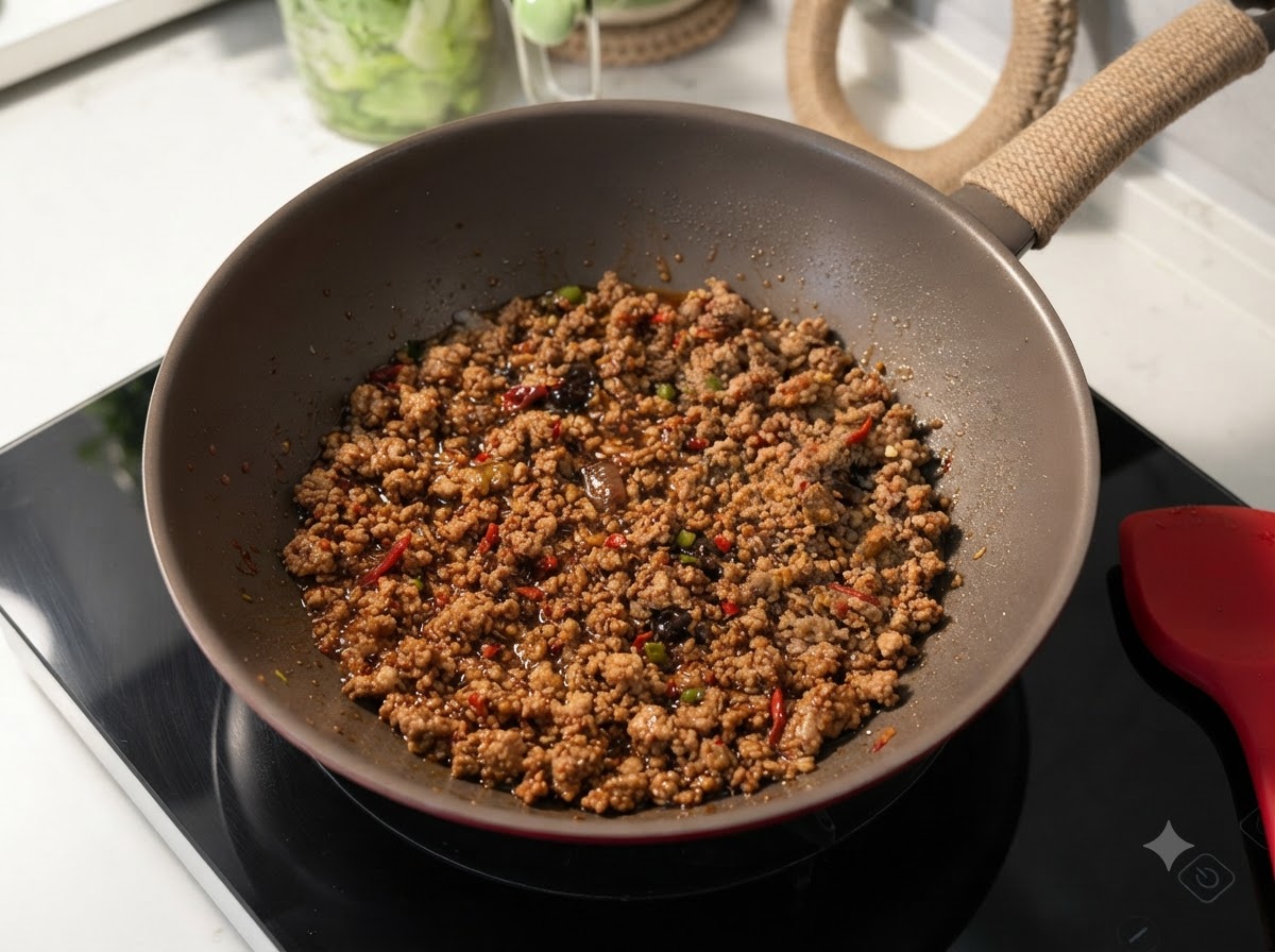 赤い中華鍋の中で、豚ひき肉が美味しい茶色のソースで煮込まれている様子。