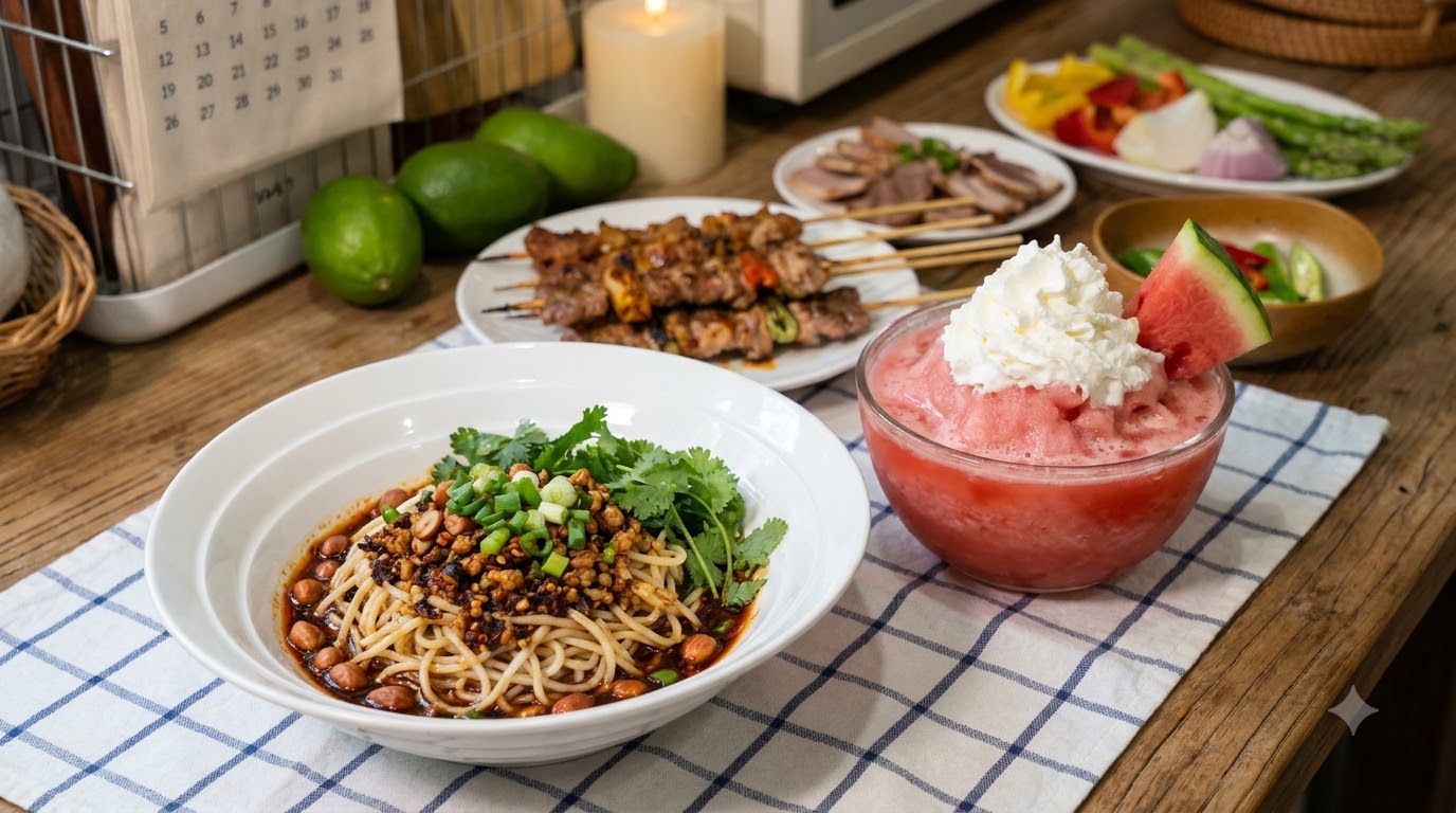 ホイップクリームを乗せたピンク色のスイカフラッペの隣に、スパイシーな豚ひき肉麺、香ばしい豚バラ肉のグリルと新鮮な野菜が並んでいます。