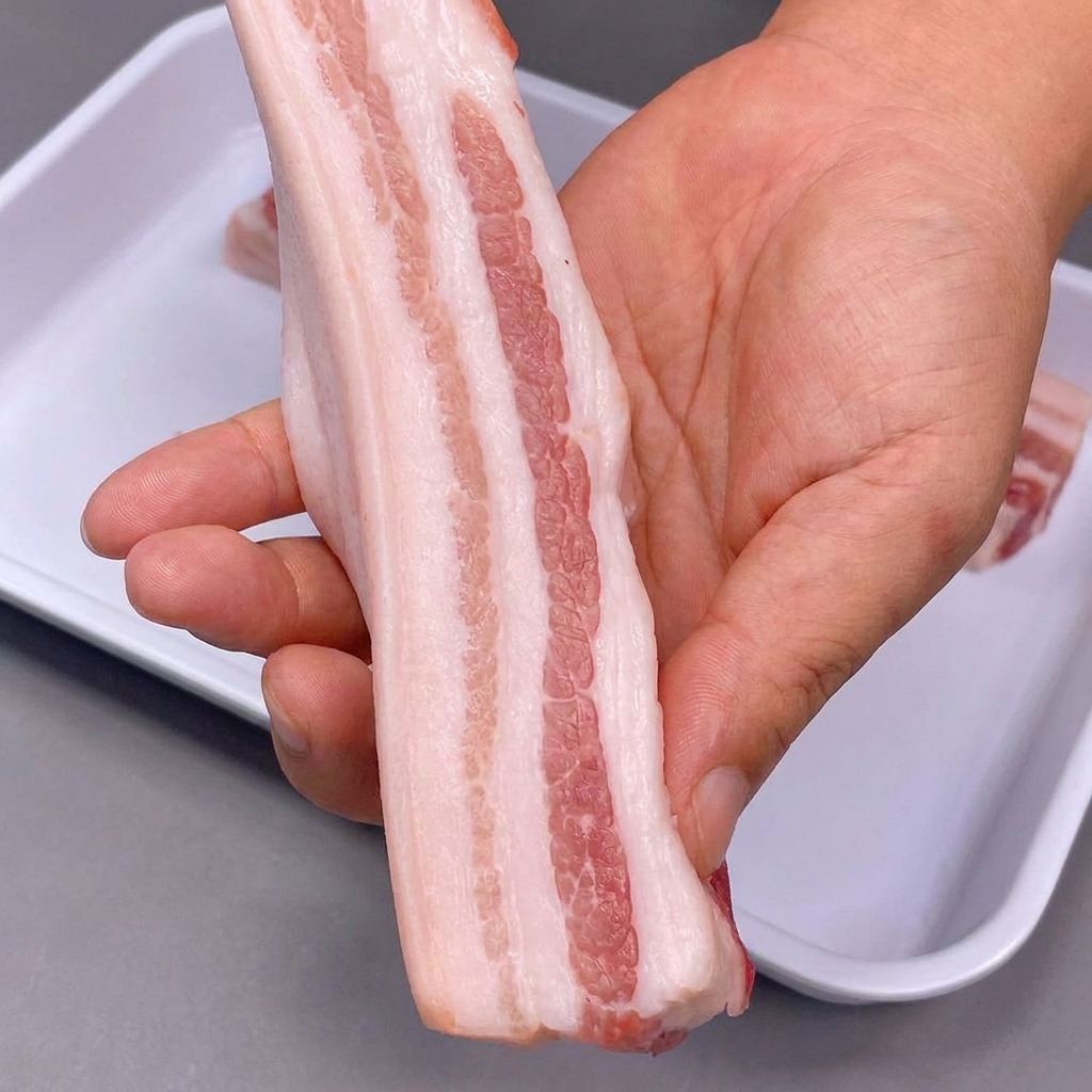 白い容器に入ったホワイトビネガーに浸かっている皮付き豚バラ肉の細切り。