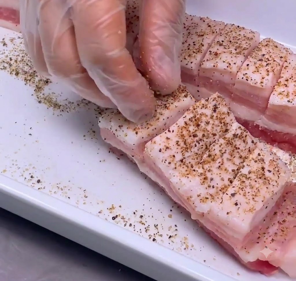 手袋を着用した手が、豚バラ肉の切れ目の奥まで塩とこしょうをマッサージするようにすり込んでいる様子。
