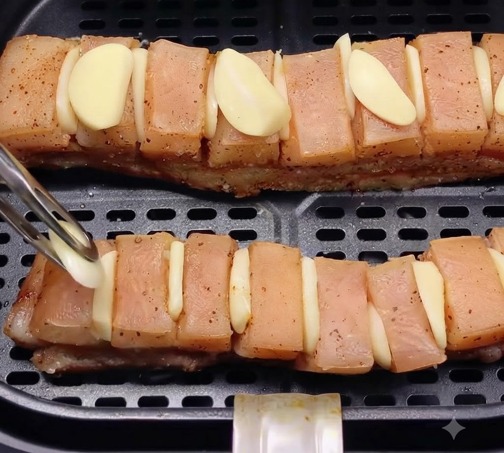 トングを使って、エアフライヤーバスケット内の豚バラ肉の上にスライスした新鮮なにんにくを乗せている様子。