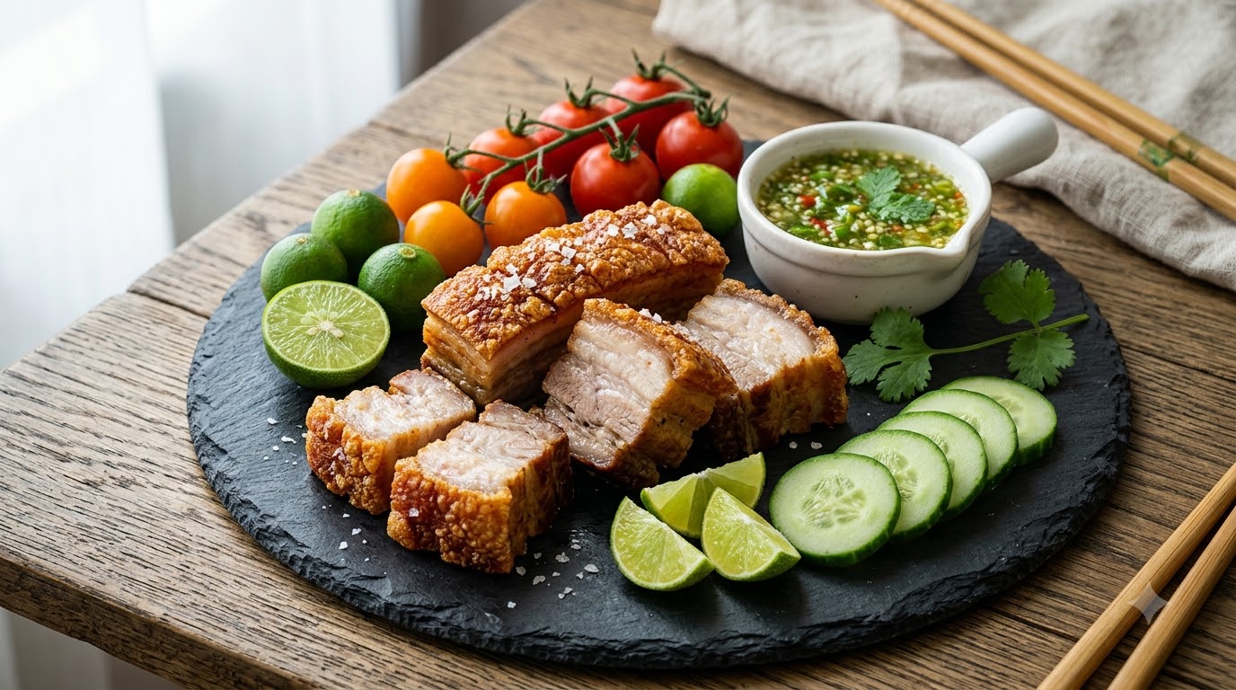 タイ風カリカリ豚バラ肉のエアフライヤー焼き グリーンチリソース添え
