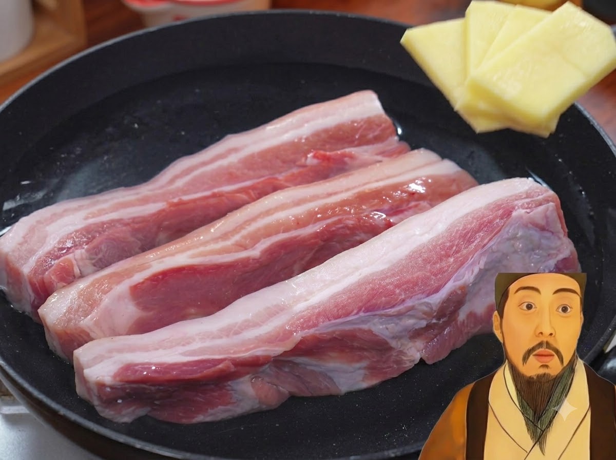 お湯の入った鍋で生姜と一緒に煮込まれる豚バラ肉