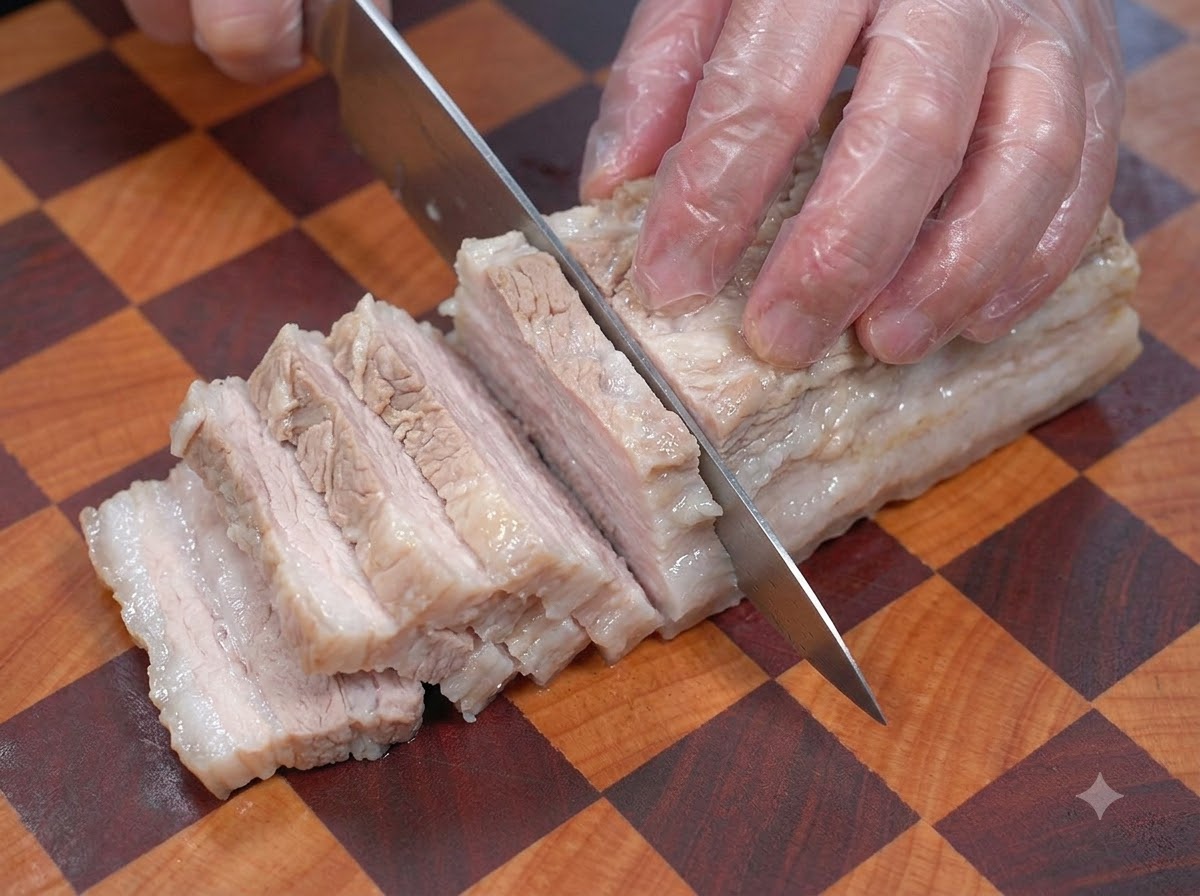 まな板の上で茹でた豚バラ肉の表面に包丁で切れ目を入れる様子