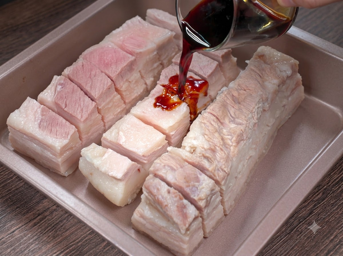 トレイに並べた豚バラ肉に濃い色のソースをかける様子