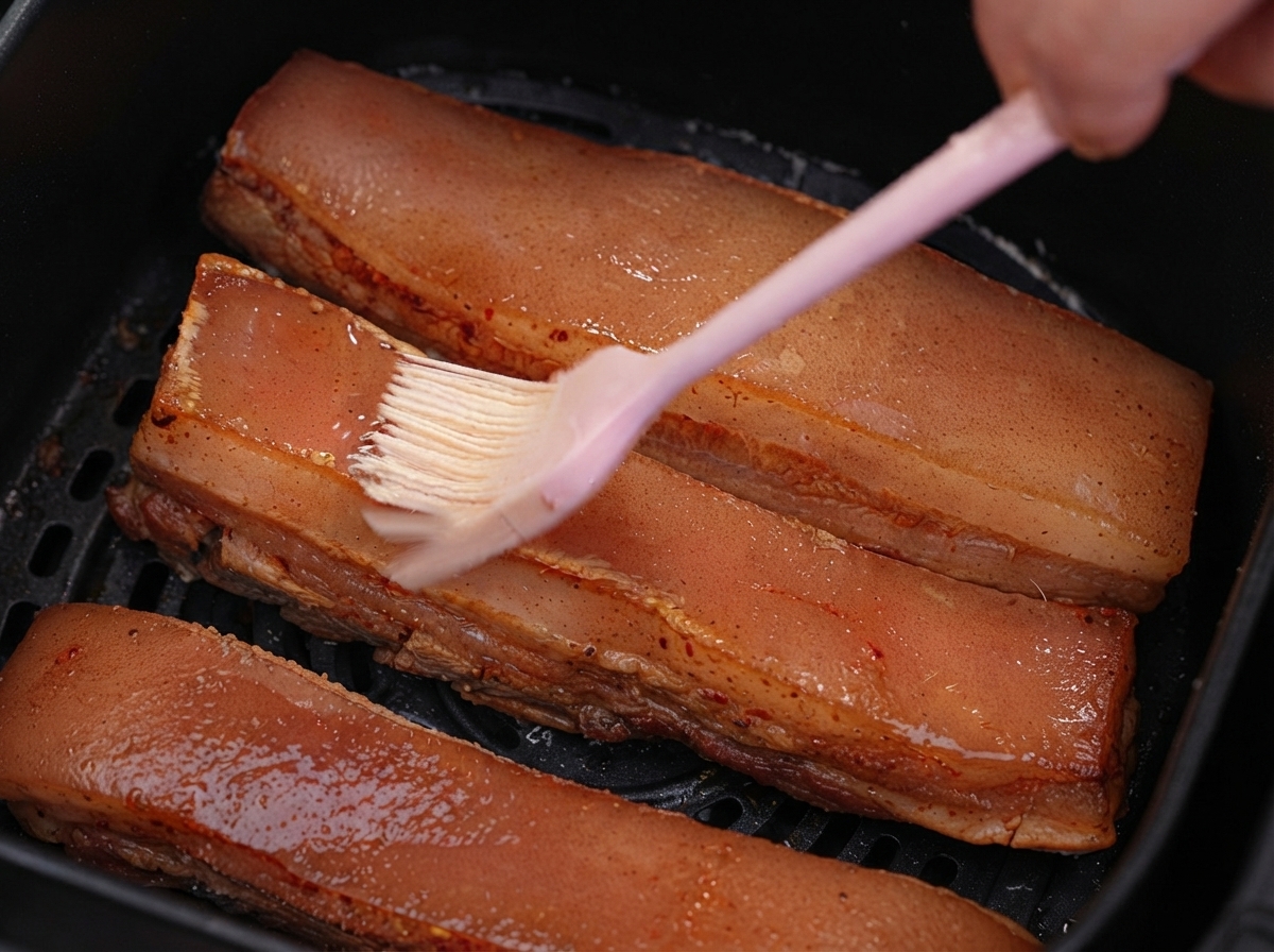 塩とアルミホイルを取り除いた後、露出した豚肉の皮に白酢を塗る様子