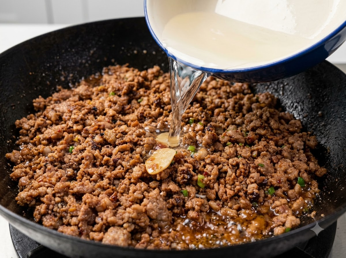 味付けされたひき肉が入った中華鍋に、白いボウルからきれいな水が注がれているところ。