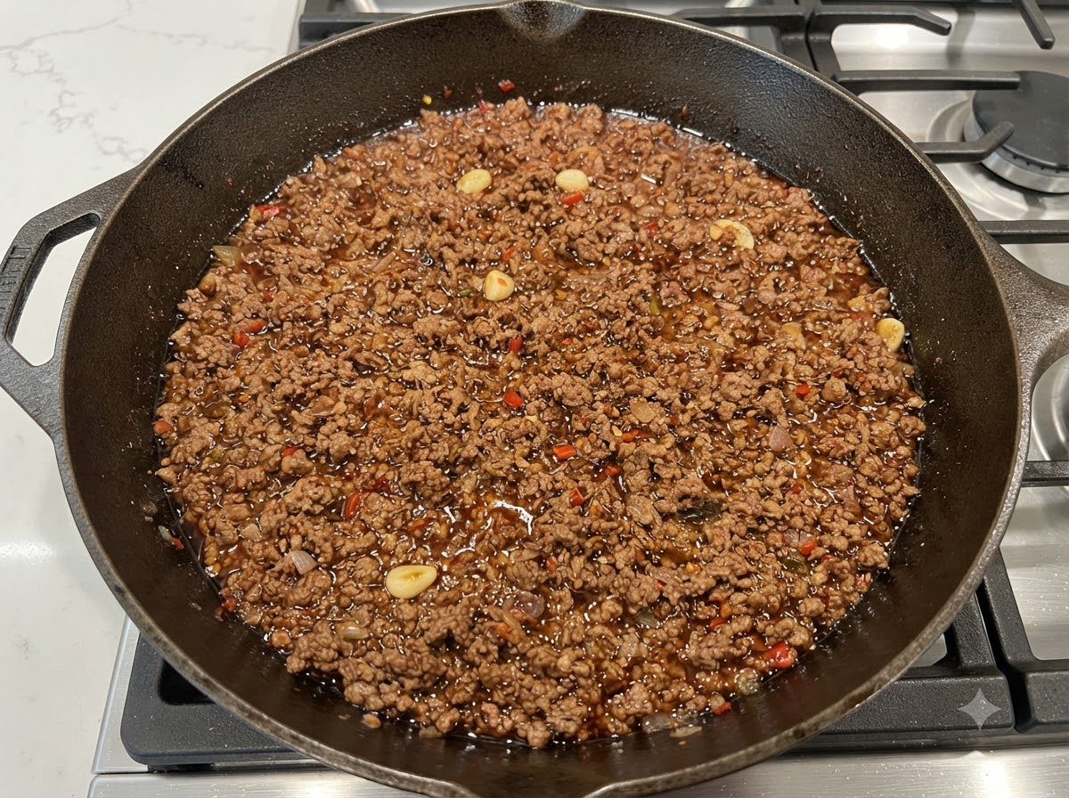 鋳鉄製のフライパンの中で、金属製のおたまを使って濃厚な茶色の肉味噌を混ぜ合わせているところ。