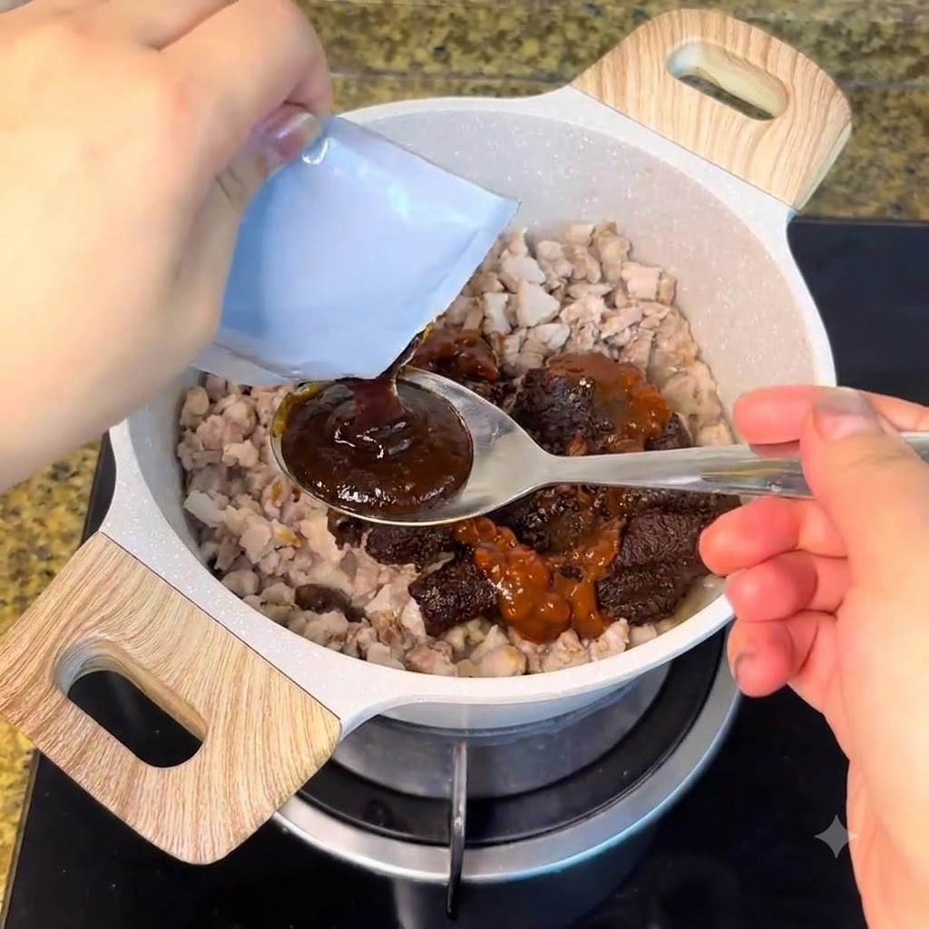 調理中の肉にパックやスプーンからソースや調味料が加えられている様子