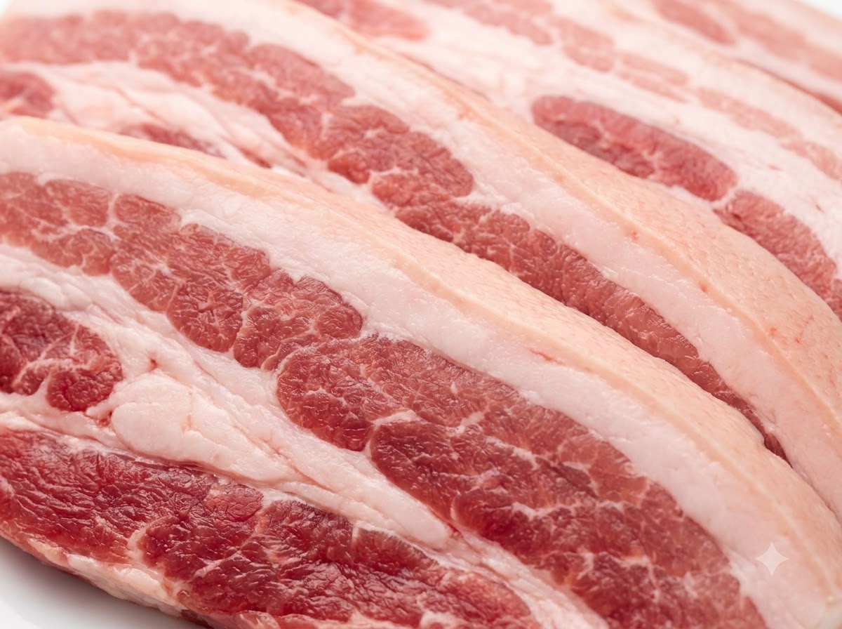 金属製のトレイに乗った新鮮な生の豚バラ肉に、金属製のフォークで何度も穴を開けている様子。