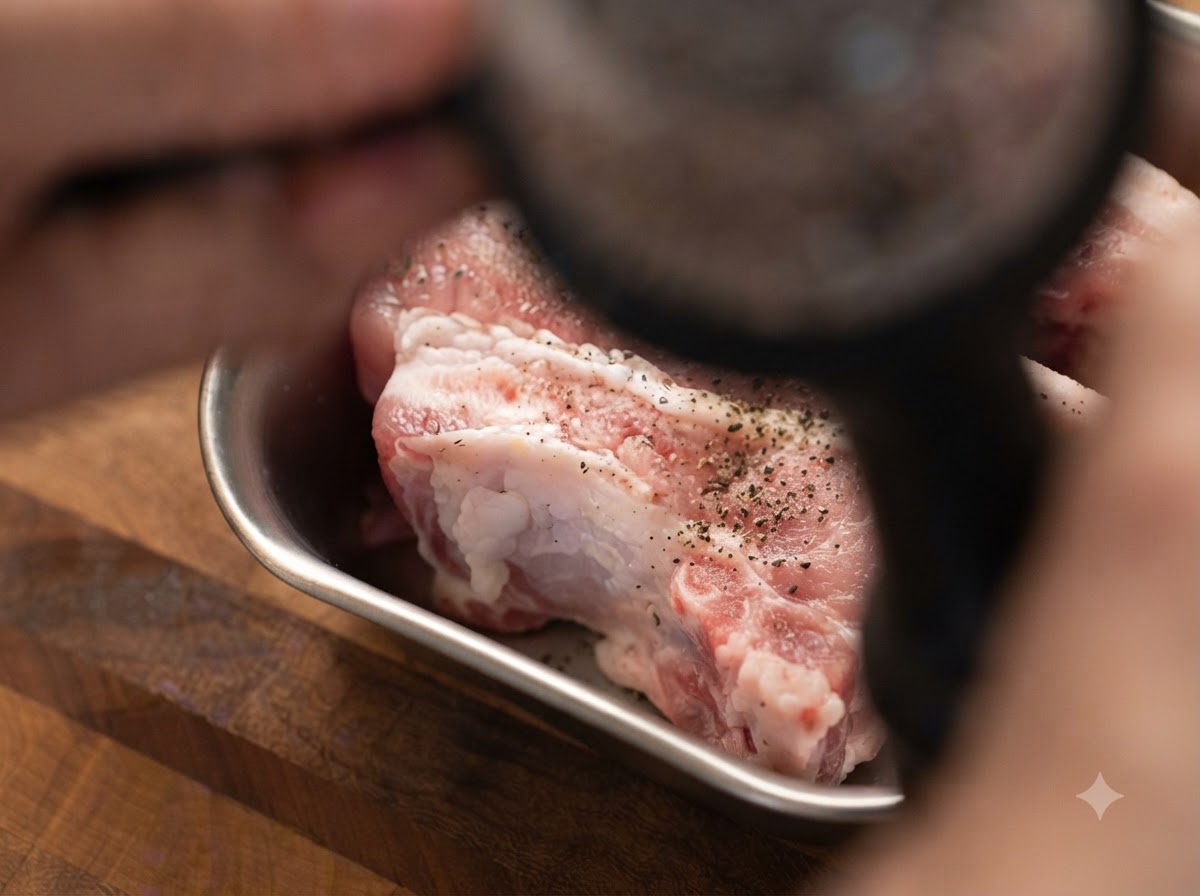 金属製トレイにきれいに並べられた生の豚バラ肉に、黒こしょうを挽きかけている様子。