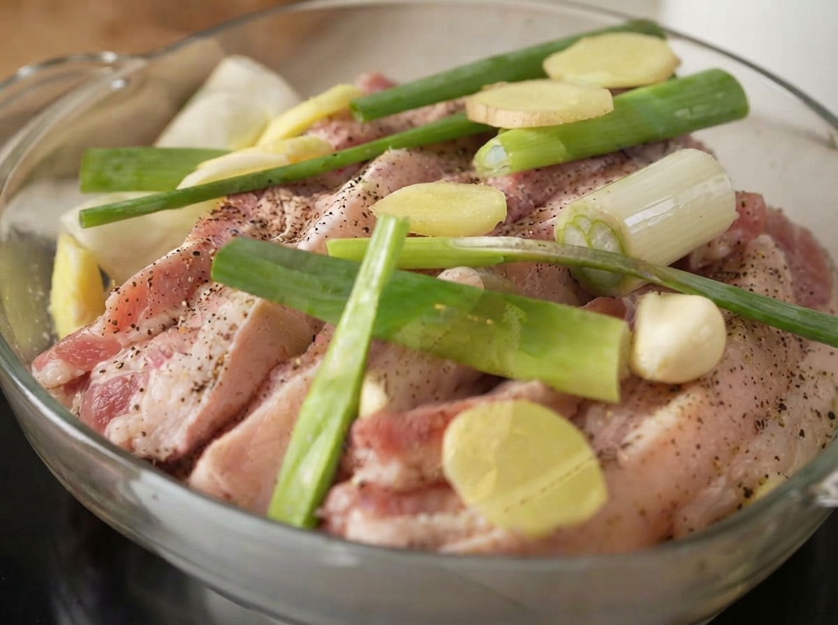 生の豚バラ肉の上に、長ねぎのぶつ切り、生姜のスライス、皮をむいたにんにくの粒がトッピングされているクローズアップ。
